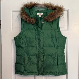 Talbots Green Puffer Vest with Faux Fur Trim on Detachable Hood